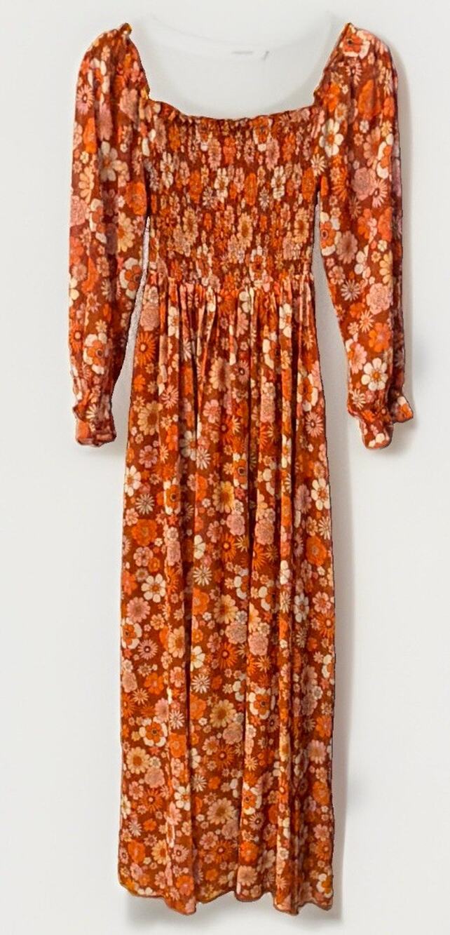 Pink Lily Smocked Maxi Dress S Orange Puff Boho Cottagecore Prairie Fall Modest